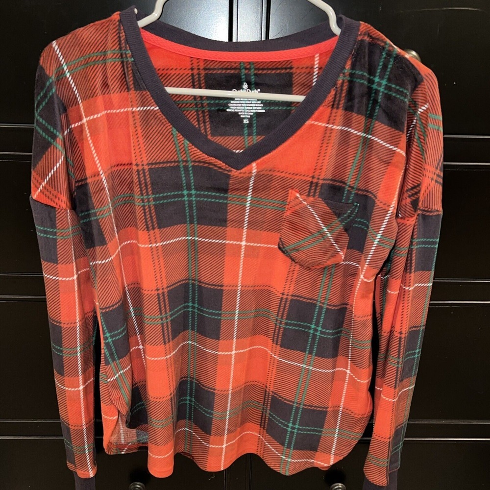 Cuddl Duds Pajama Lounge Top Womens Size XS Red Plaid Stretch Soft‎ Pocket